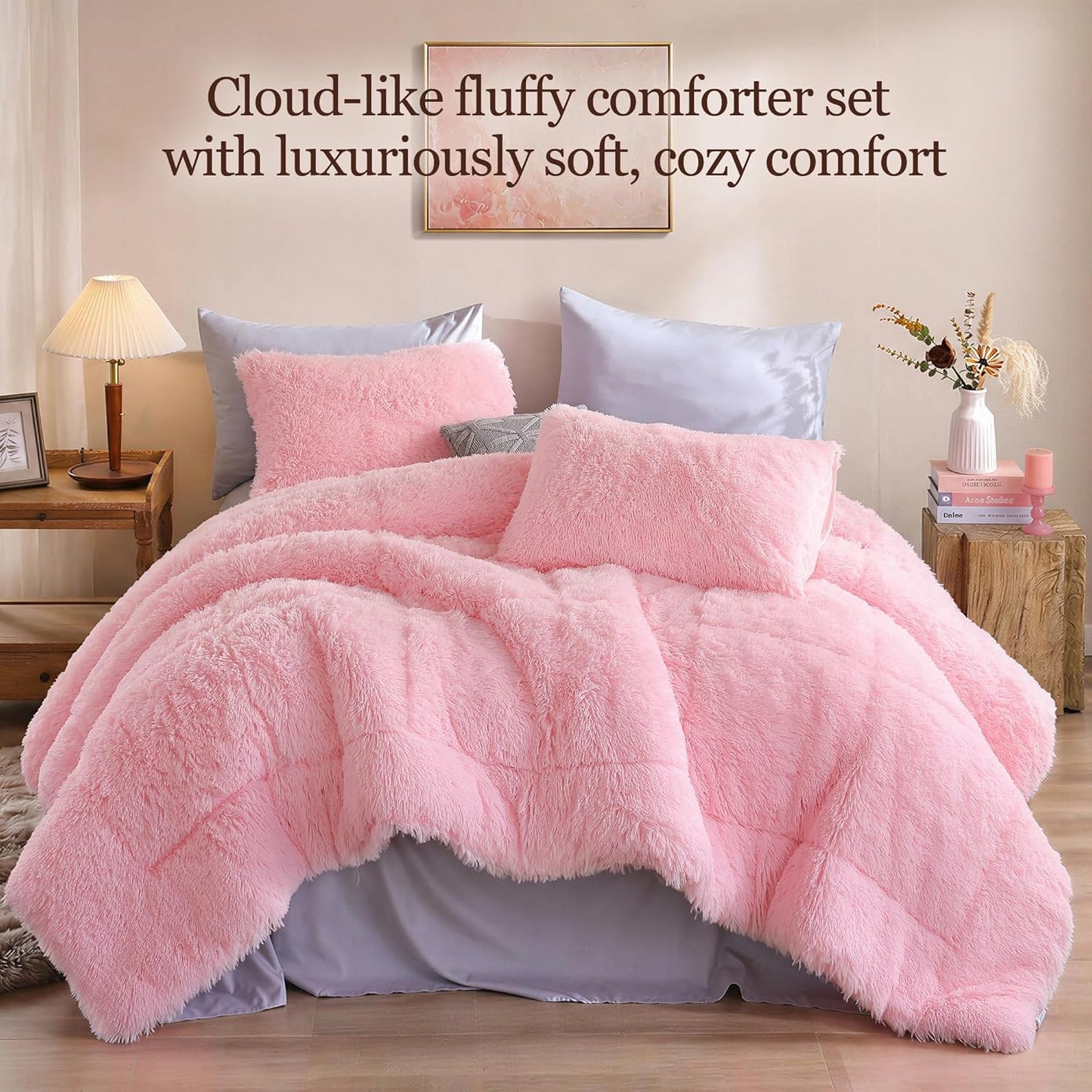 Faux Fur Comforter Set Queen 3Pcs Shaggy Plush Velvet Comforter Soft Fluffy Fuzzy Double-Sided Bedding Luxury Furry Flannel, Pink Full 1 Comforter 2 Pillowcases