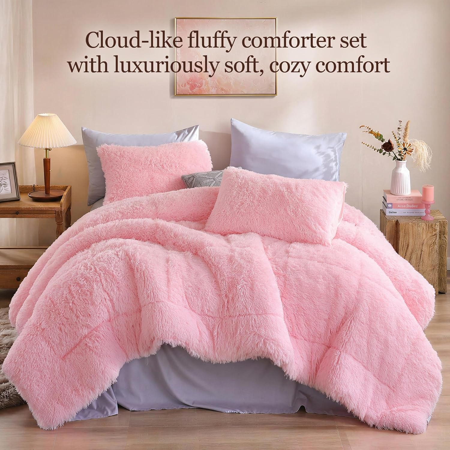 Faux Fur Comforter Set Queen 3Pcs Shaggy Plush Velvet Comforter Soft Fluffy Fuzzy Double-Sided Bedding Luxury Furry Flannel, Pink Full 1 Comforter 2 Pillowcases