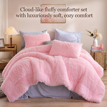 Faux Fur Comforter Set Queen 3Pcs Shaggy Plush Velvet Comforter Soft Fluffy Fuzzy Double-Sided Bedding Luxury Furry Flannel, Pink Full 1 Comforter 2 Pillowcases