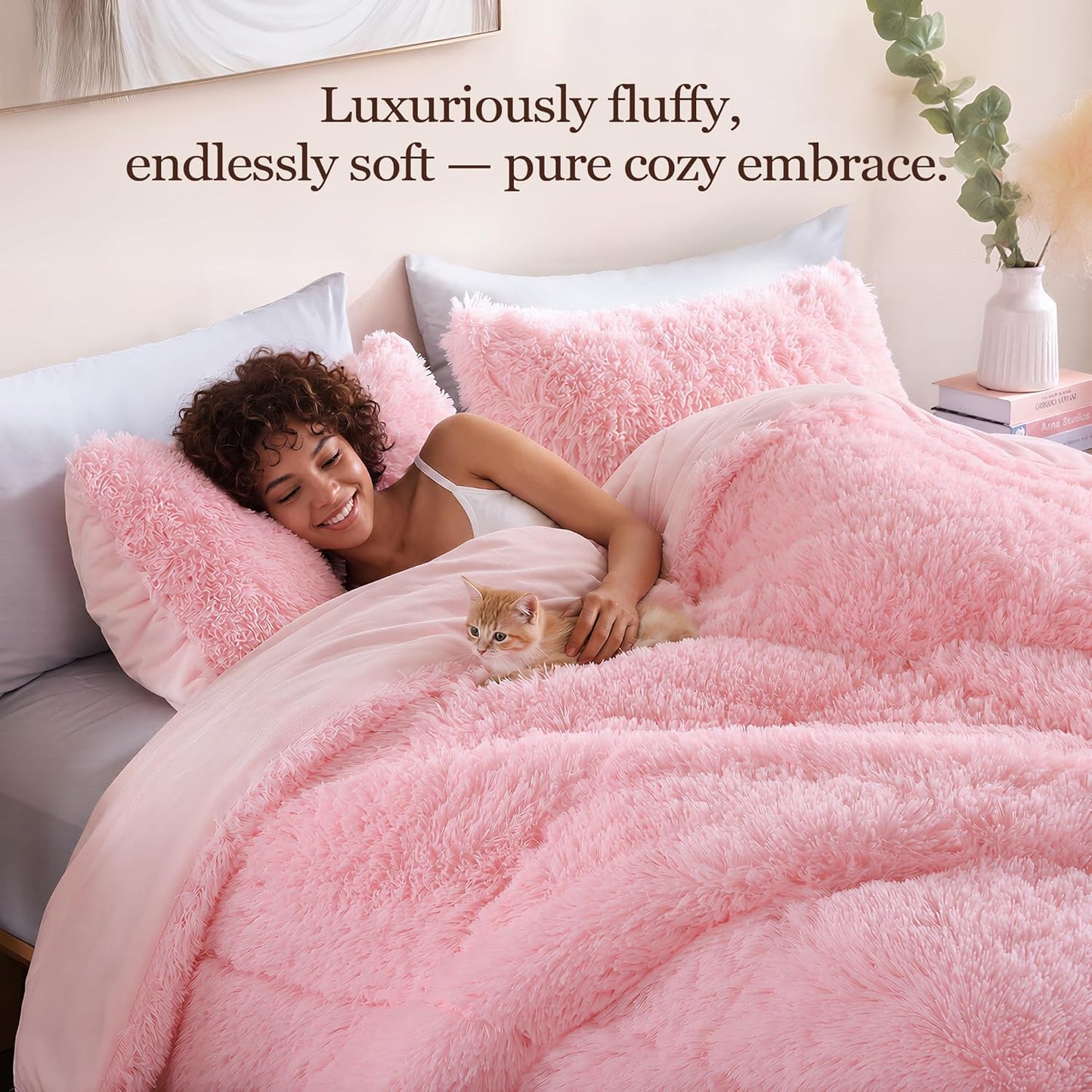 Faux Fur Comforter Set Queen 3Pcs Shaggy Plush Velvet Comforter Soft Fluffy Fuzzy Double-Sided Bedding Luxury Furry Flannel, Pink Full 1 Comforter 2 Pillowcases