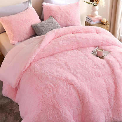 Faux Fur Comforter Set Queen 3Pcs Shaggy Plush Velvet Comforter Soft Fluffy Fuzzy Double-Sided Bedding Luxury Furry Flannel, Pink Full 1 Comforter 2 Pillowcases