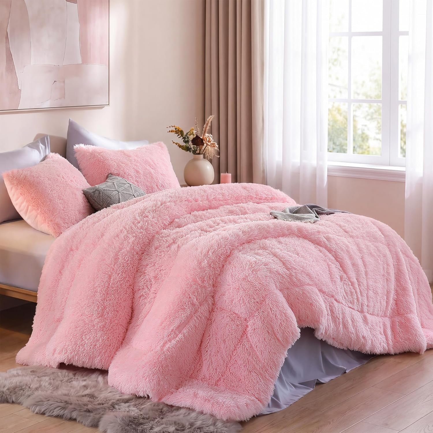 Faux Fur Comforter Set Queen 3Pcs Shaggy Plush Velvet Comforter Soft Fluffy Fuzzy Double-Sided Bedding Luxury Furry Flannel, Pink Full 1 Comforter 2 Pillowcases