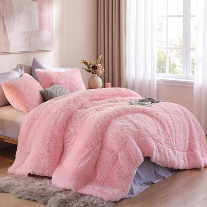 Faux Fur Comforter Set Queen 3Pcs Shaggy Plush Velvet Comforter Soft Fluffy Fuzzy Double-Sided Bedding Luxury Furry Flannel, Pink Full 1 Comforter 2 Pillowcases