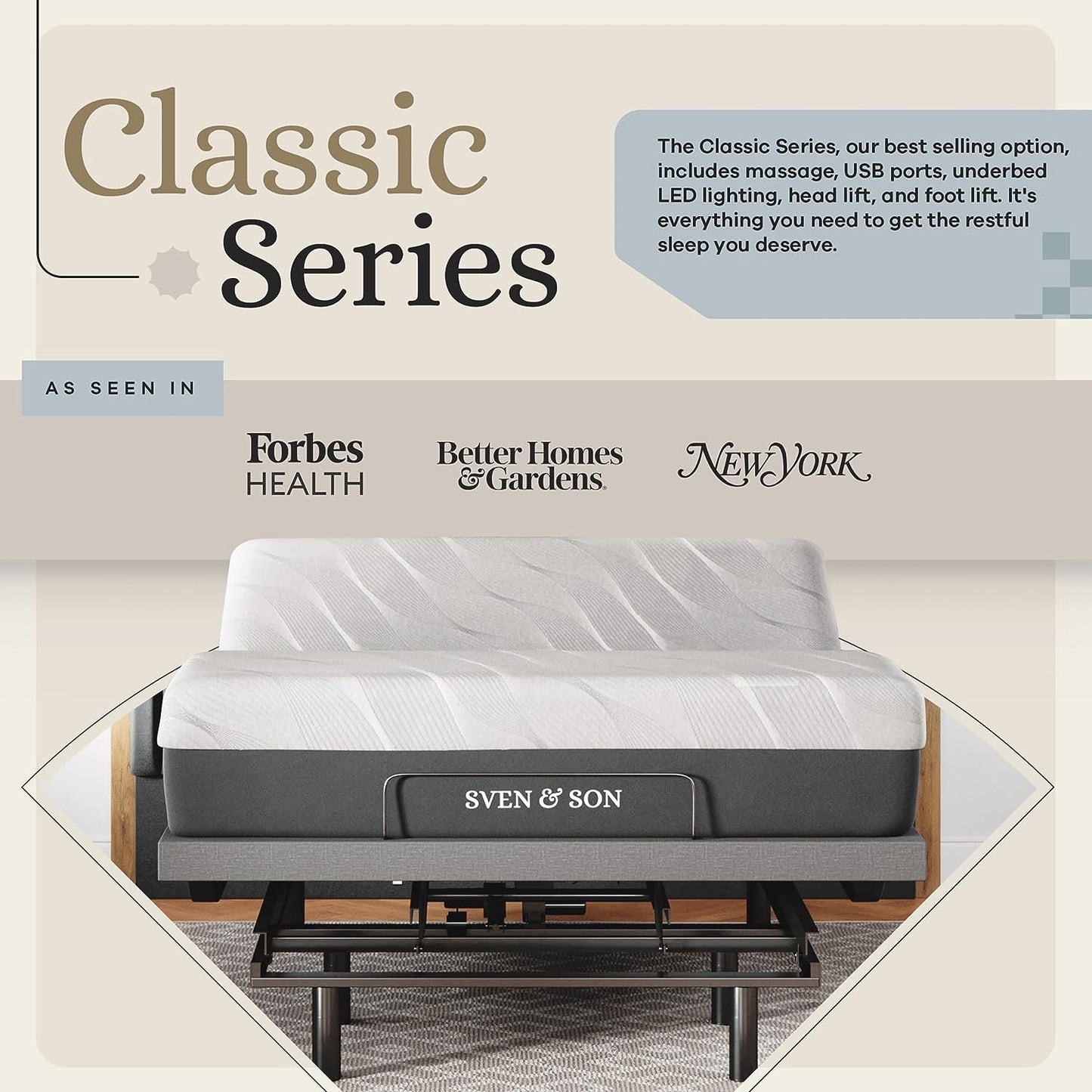 Sven & Son Queen Adjustable Bed Base Frame + 10” Luxury Cool Gel Memory Foam Mattress, Head up Foot Up, USB Ports, Zero Gravity, Interactive Dual Massage, Wireless, Classic (Queen)