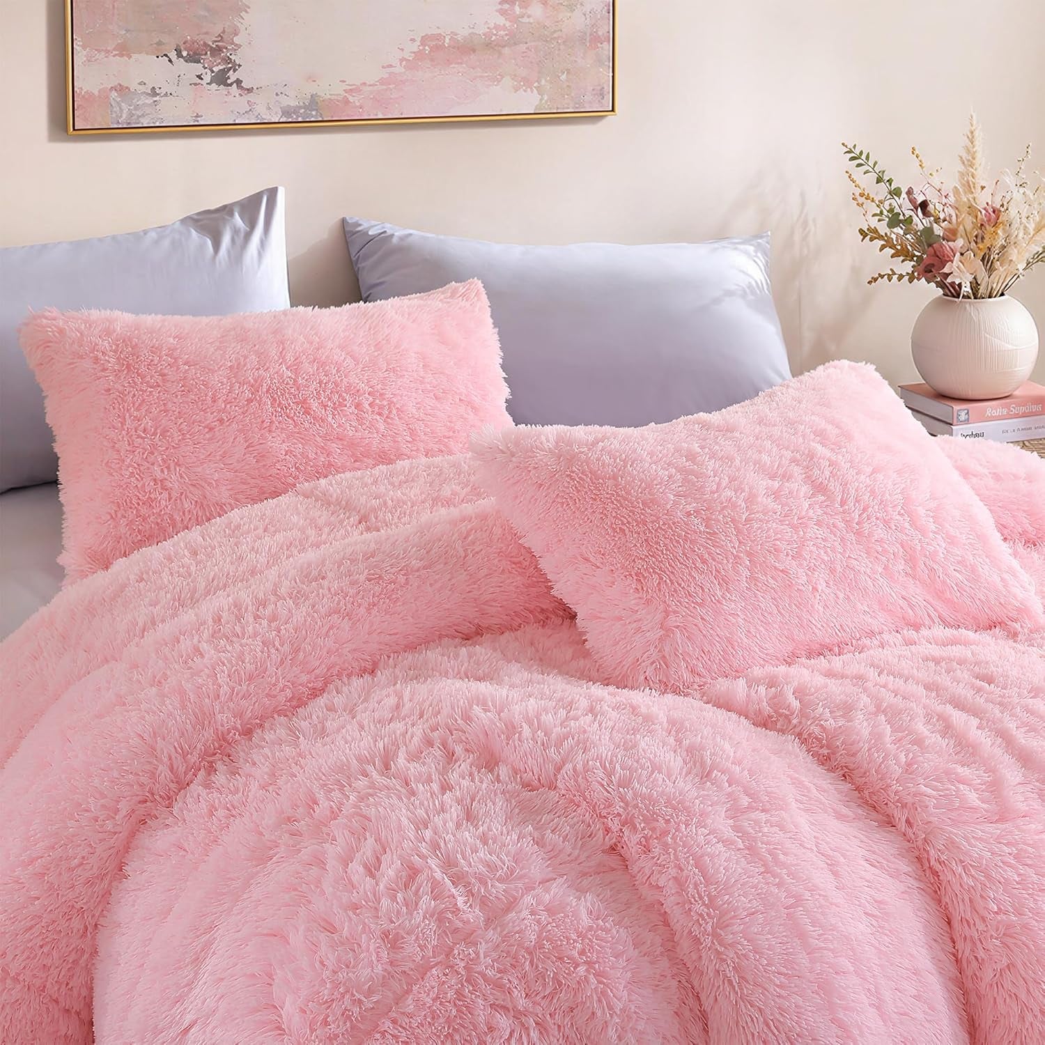 Faux Fur Comforter Set Queen 3Pcs Shaggy Plush Velvet Comforter Soft Fluffy Fuzzy Double-Sided Bedding Luxury Furry Flannel, Pink Full 1 Comforter 2 Pillowcases
