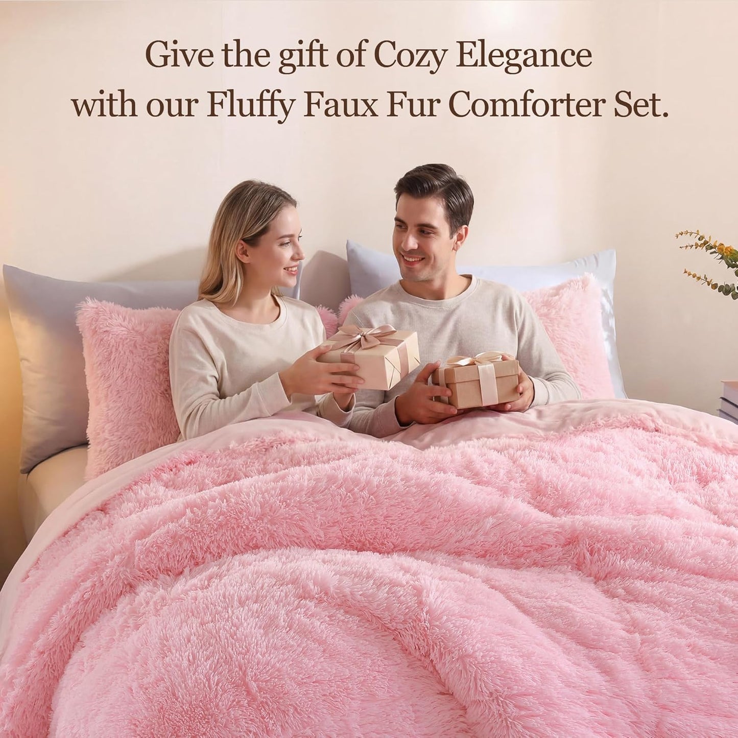 Faux Fur Comforter Set Queen 3Pcs Shaggy Plush Velvet Comforter Soft Fluffy Fuzzy Double-Sided Bedding Luxury Furry Flannel, Pink Full 1 Comforter 2 Pillowcases