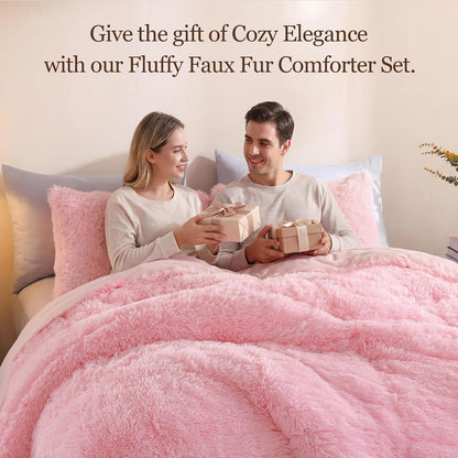 Faux Fur Comforter Set Queen 3Pcs Shaggy Plush Velvet Comforter Soft Fluffy Fuzzy Double-Sided Bedding Luxury Furry Flannel, Pink Full 1 Comforter 2 Pillowcases